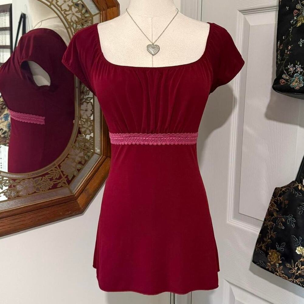 VTG Y2K CKW Burgundy Red Knit & Pink Lace Trim Milkmaid Babydoll Top S